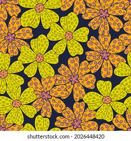 Seamless Pattern Big Flower Hippie Style.Fashion Print 1960 Of Textile.Vintage 60s Floral Design.Vector Illustration.