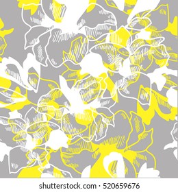 
Seamless pattern with big flowers. Exotic plants, tropics. Stylish summer background.