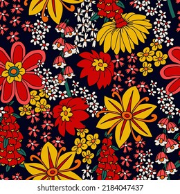 Seamless pattern with big flowers in hippie style. Vector