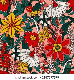 Seamless pattern with big flowers in hippie style. Vector
