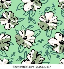 Patrón sin foco con grandes flores. Impresión textil verde de moda