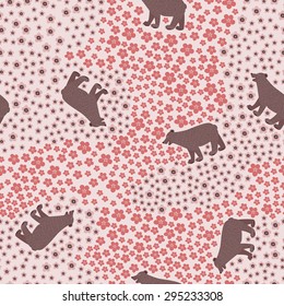 Seamless pattern with big funny bear in the meadow with flowers. Wallpaper with a plot from the wild.