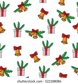 Seamless pattern with big gift and bell with bow. Can be used for printing on fabric, for wrapping paper and for the background of the site.