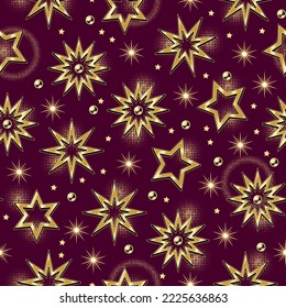 Patrón sin foco con grandes estrellas doradas de estilo vintage. El contorno grueso dorado con formas redondeadas de media tonalidad como el efecto luminoso de las estrellas. Fondo magenta. Ilustración del vector