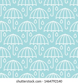 Seamless Pattern Big Graphic Umbrellas Raindrops Blue And White