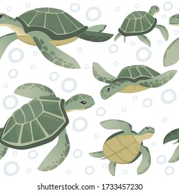 Patrón sin foco de la gran tortuga de mar verde tierno diseño animal lindo baño de tortuga oceánica nado en agua ilustración vectorial plana sobre fondo blanco