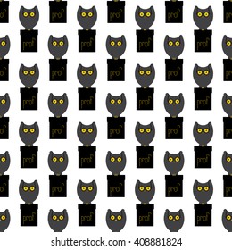 Seamless pattern with big grey owl with large eyes in old-fashioned round spectacles sitting on black cathedra with yellow lettering prof on it isolated on white background. Flat style illustration