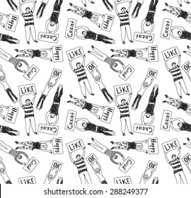 Seamless pattern big group casual happy people black and white
Group of young unrecognizable happy people. Black and white seamless pattern vector illustration.