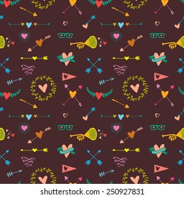 Seamless pattern with big hearts, arrows and other holidays elements. Vector illustration.