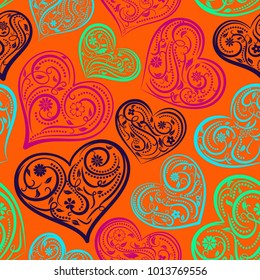 Seamless pattern of big hearts with ornament of curls, flowers and leaves, colored on orange