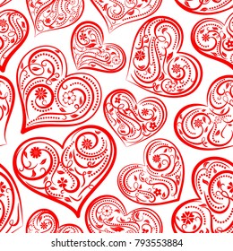 Seamless pattern of big hearts with ornament of curls, flowers and leaves, red on white