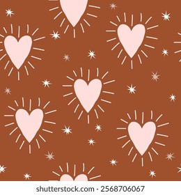 Seamless pattern with big hearts and stars. Boho style print. Vector hand drawn illustration.