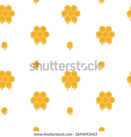 Seamless pattern with big honeycombs with honey flowing down and small honeycombs, hand drawn with trendy textures. Image for printing on wrapping paper and canvas, for kids, poster or banner