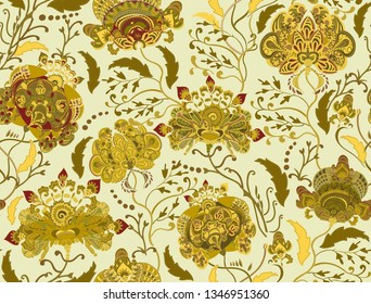 Seamless pattern, big indian paisley flowers. Trend fashion textile surface print for interior decor, womenswear, cover, gifts.