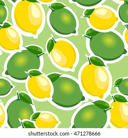 Seamless pattern with big lemons and limes stickers different sizes with leaves on light green background.