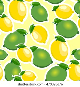 Seamless pattern with big lemons and limes stickers different sizes with leaves on yellow background.