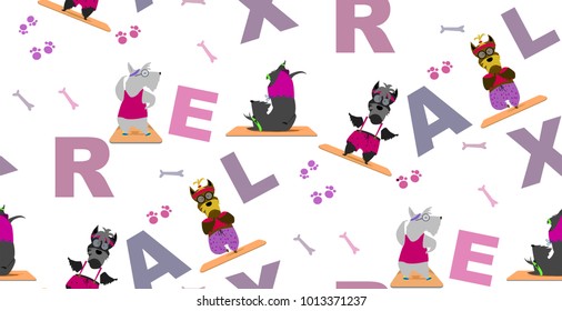 seamless pattern big letters relax Yoga motivation poster Funny scottish terrier dog doing yoga practice Yoga poses silhouette Yoga with dog