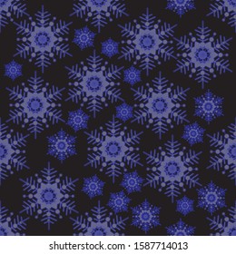 Seamless pattern of big and little dark blue snowflakes on a black background. Gradient, vector EPS. Gift Christmas paper, christmas textiles. Christmas design and decoration.