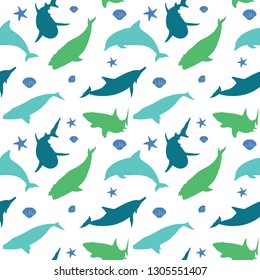 Seamless Pattern of Big Marine Whale Dolphin Shark