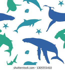 Seamless Pattern of Big Marine Whale Dolphin Shark