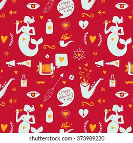 Seamless pattern with big mermaid, hearts, arrows and other holidays elements. Vector illustration.