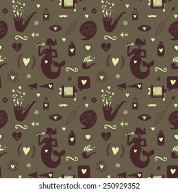 Seamless pattern with big mermaids, hearts, arrows and other holidays elements. Vector illustration.