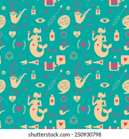 Seamless pattern with big mermaids, hearts, arrows and other holidays elements. Vector illustration.