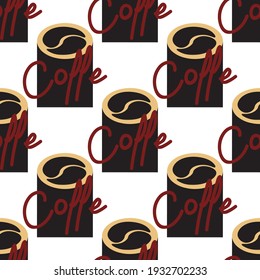 seamless pattern big mug bean lettering coffee vector