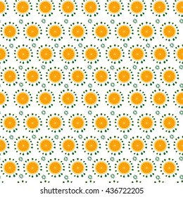 Seamless pattern with big orange slices and small leaves