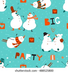 Seamless pattern Big Party. Set of funny dancing snowmen. No effect. Creative hand drawn design with cute cartoon characters. Festive winter background suitable for fabrics, wallpaper, packaging, web 