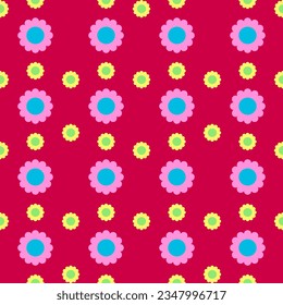 Seamless pattern with big pink and blue flower and small yellow and green flower on red background.
