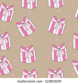 Seamless pattern with big pink gift with bow on the beige background. Can be used for printing on fabric, for wrapping paper and for the background of the site.