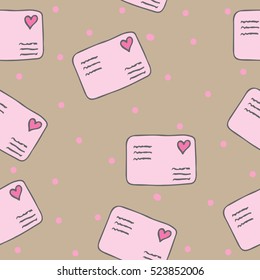 Seamless pattern with big pink letter with heart on the beige background. Can be used for printing on fabric, for wrapping paper and for the background of the site.