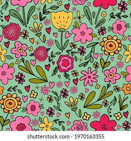 Seamless pattern with big set of hand drawn simple floral doodles - flower, herb, branch, heart. Cute vector illustration bright ditsy green background, spring summer flowers, limited color palette