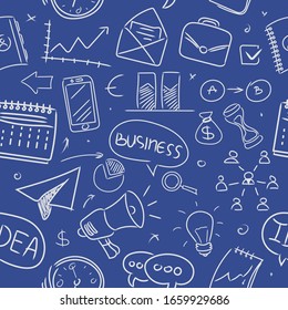 Seamless pattern. Big set of hand-drawn business icons on a blue background. Doodle style.