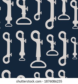Seamless pattern big set of metal climbing carabiners and claw clasps alpine climbing equipment flat vector illustration on dark blue background