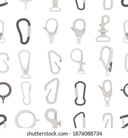 Seamless pattern big set of metal climbing carabiners and claw clasps alpine climbing equipment flat vector illustration on white background