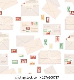 Seamless pattern big set of postal stamps with postage envelope and paper packages flat vector illustration on white background