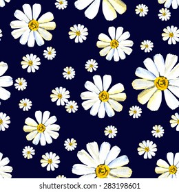 seamless pattern with big and small camomile on a dark blue background