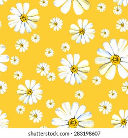 seamless pattern with big and small camomile on a yellow background