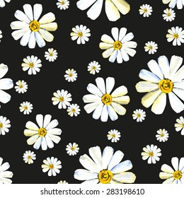 seamless pattern with big and small camomile on a black background