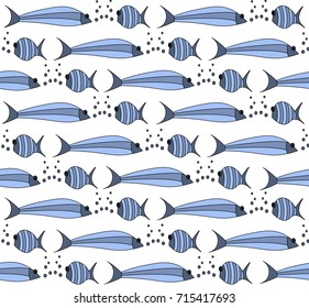 Seamless pattern with big and small cartoon fishes in the sea. Vector illustration can be used in the design of textiles, dishes, postcards, posters.