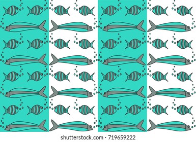 Seamless pattern with big and small cartoon fishes in the sea.Vector illustration can be used in the design of textiles, dishes, postcards, posters.


