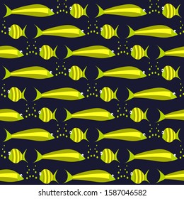 Seamless pattern with big and small fish in sea. Vector illustration. Nautical theme with cartoon drawings, navy blue background, goldfish.