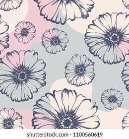 Seamless pattern with big and small hand drawn flowers on colorful background