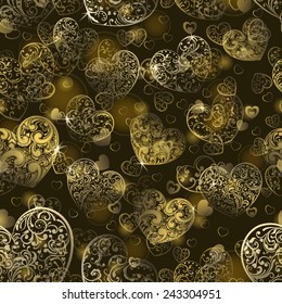 Seamless pattern of big and small hearts with curls, in dark yellow colors
