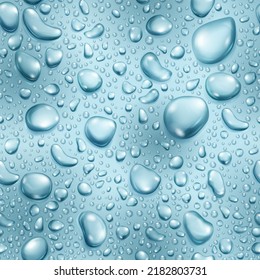 Seamless pattern of big and small realistic water drops in light blue colors