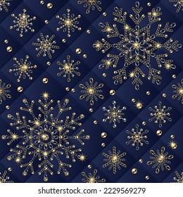 Seamless pattern with big, small snowflakes of jewelry gold chains with shiny ball beads. Square blue geometric grid on background For christmas, new year holiday, gift package decoration