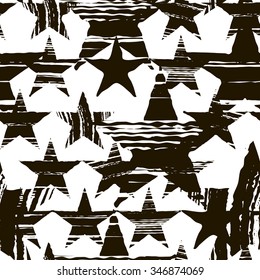 seamless pattern of big and small textured stars on a white background, black and white texture