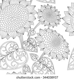 Seamless pattern with big styled sunflowers on a white background